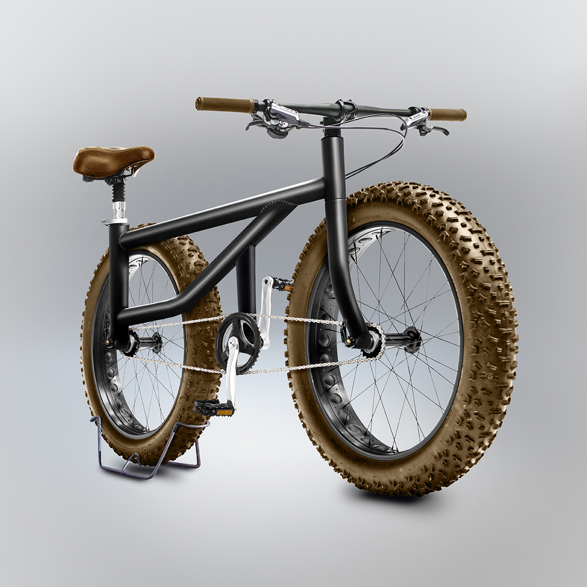 3D rendering of a black pseudo-mountain-bike with a bizarre frame, a chain connected to both the front and back wheels, and various other severe defects.