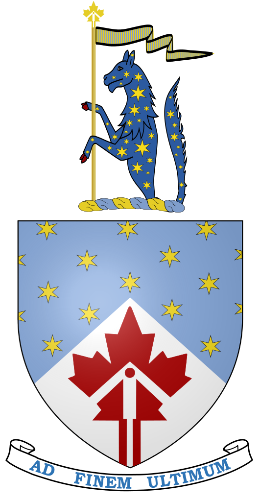 The coat of arms of the Canadian Space Agency: Per chevron in chief Bleu céleste semé of estoiles Or and in base Argent a maple leaf its stem issuant from base Gules and voided of a broad arrow point upwards charged at its tip with a torteau;