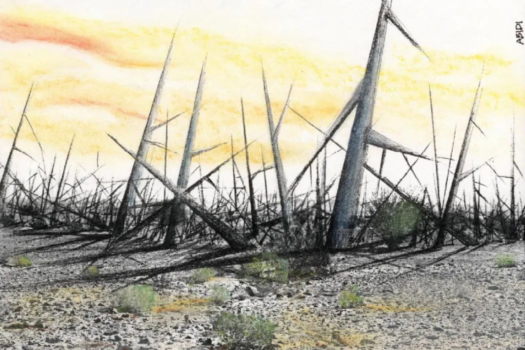 Drawing of a forest of giant barbed spikes protruding out of the desert, against a yellow sky.