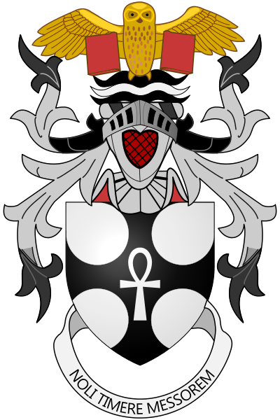 Terry Pratchett's coat of arms: Sable an ankh between four Roundels in saltire each issuing Argent.