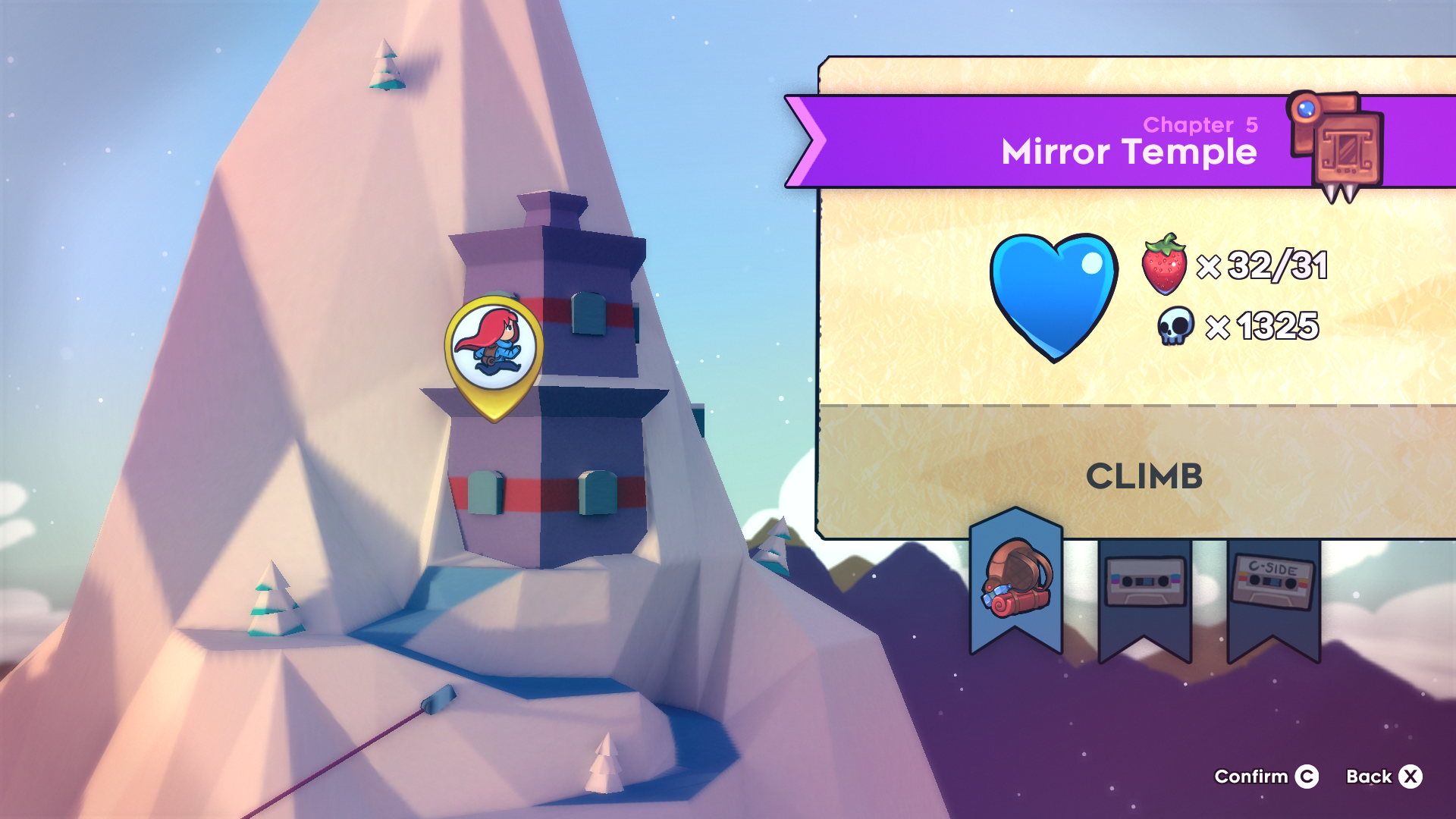 Chapter 5: Mirror Temple.  Again, the summit is not visible. 32/31 strawberries, 1325 deaths.