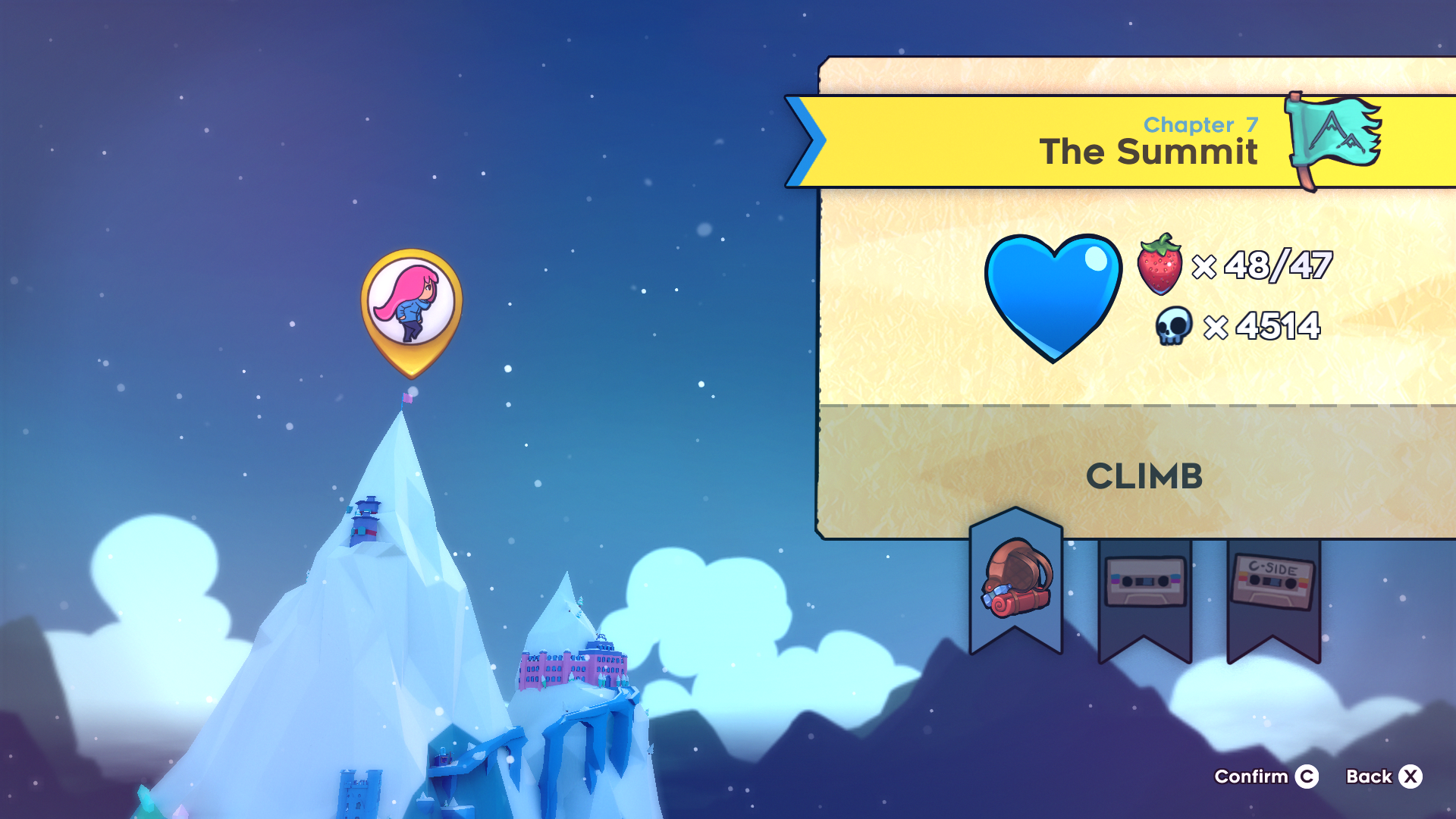 Level select for Chapter 7: The Summit, showing a clear view of the summit.  48/47 strawberries collected, 4514 deaths.