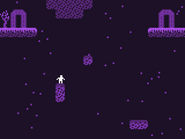 A screenshot of my game You Are a Strange World.  A player character stands on a purple platform among some other purple platforms floating in a dark void.