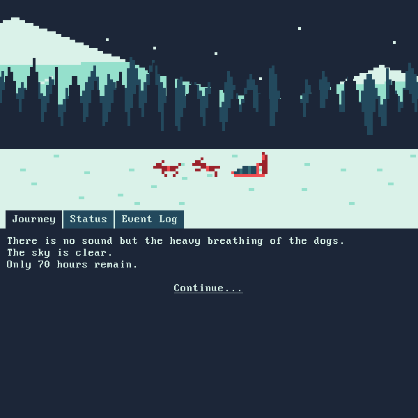 Screenshot from Serum Run.  A dogsled runs across a snowy arctic landscape, beneath a starry sky, with text reading "There is no sound but the heavy breathing of the dogs. The sky is clear. Only 70 hours remain."