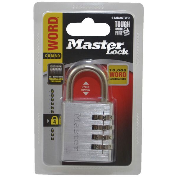 The Master Lock 643DASTWD in its packaging. The packaging states, among other things, "10,000 Word Combinations."
